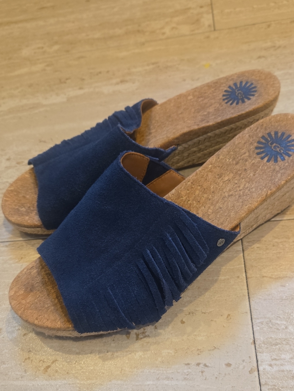 UGG Danes Navy Blue Leather Suede Fringe Wedge Espadrille Sandals